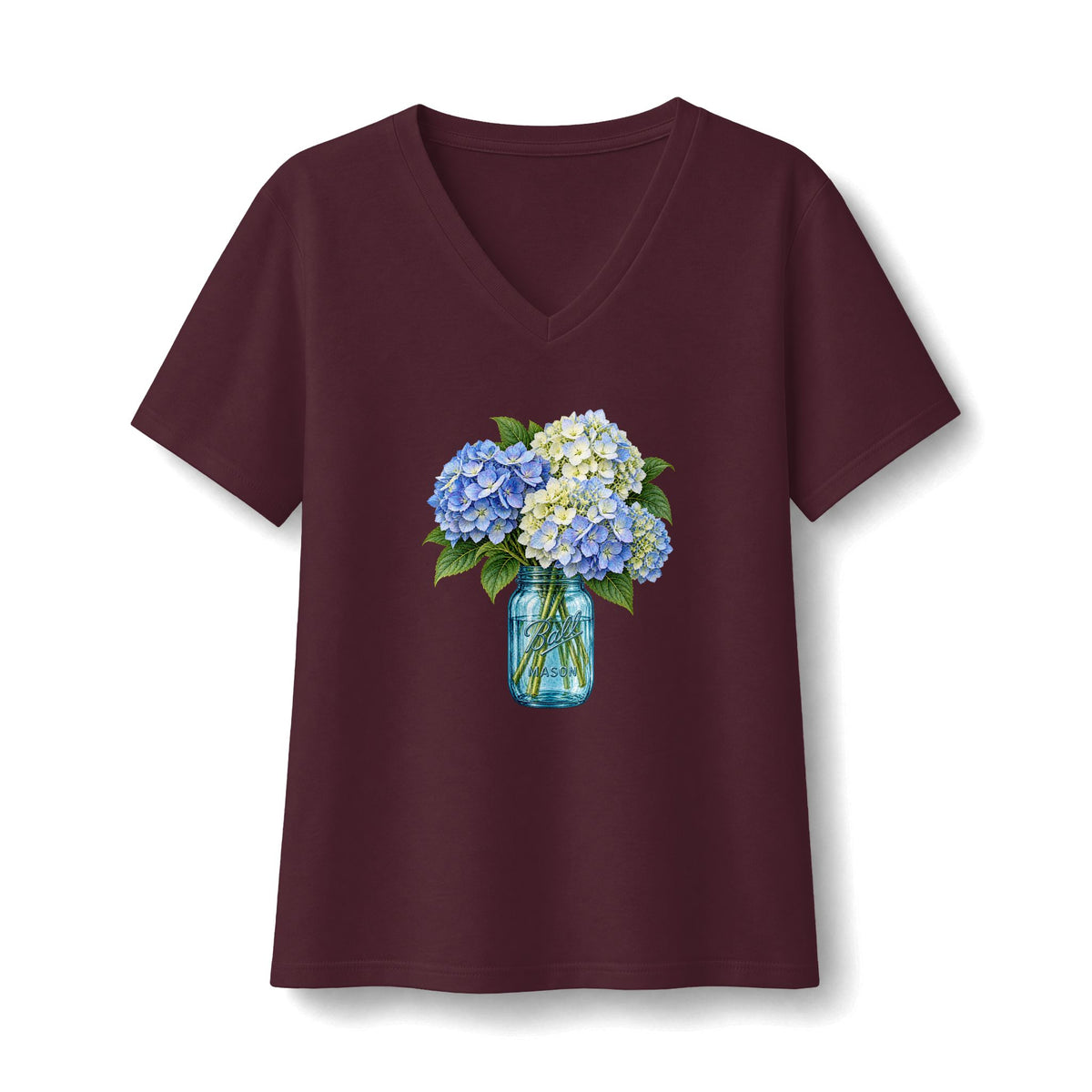 Blue Ball Jar with Hydrangeas V-Neck Tee