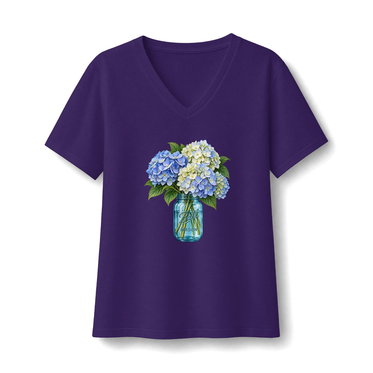 Blue Ball Jar with Hydrangeas V-Neck Tee