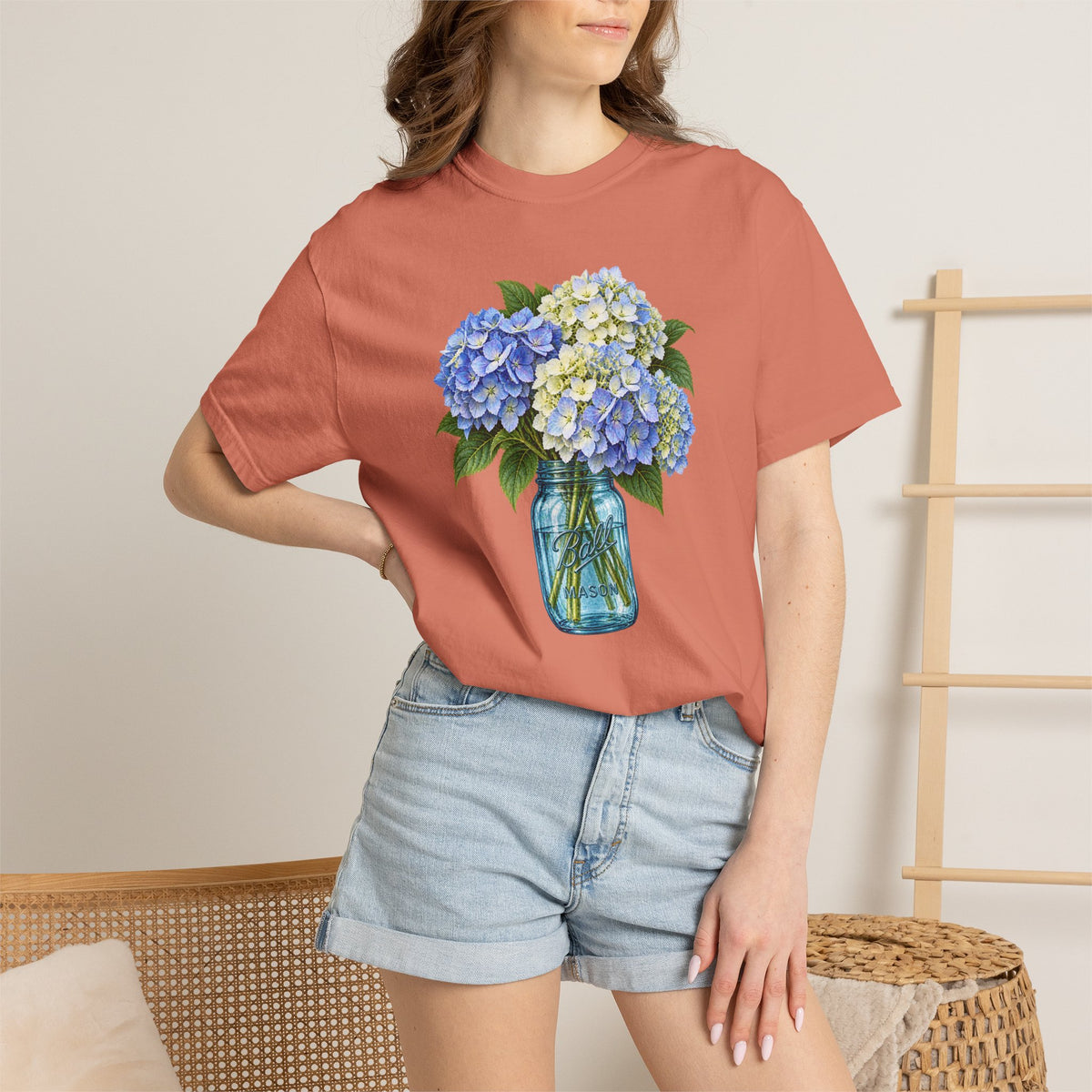 Blue Ball Jar with Hydrangeas T-Shirt