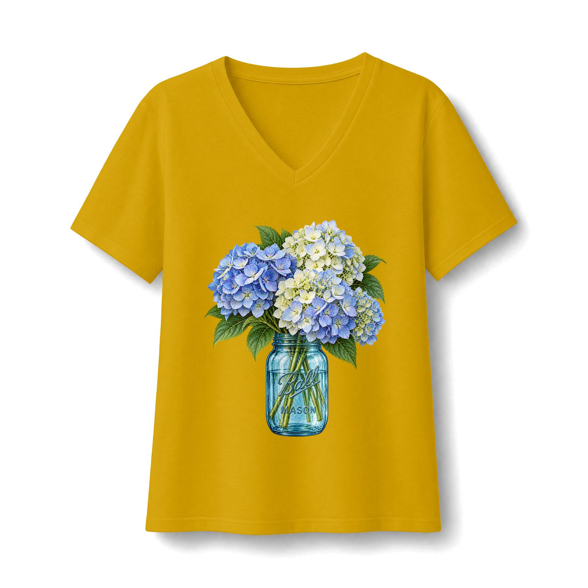 Blue Ball Jar with Hydrangeas V-Neck Tee