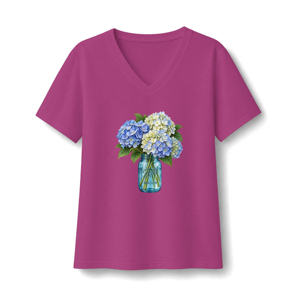 Blue Ball Jar with Hydrangeas V-Neck Tee