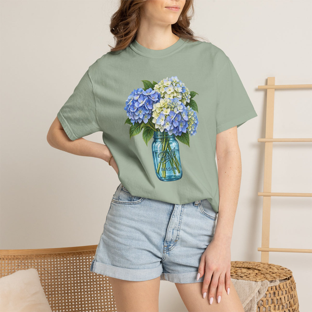 Blue Ball Jar with Hydrangeas T-Shirt