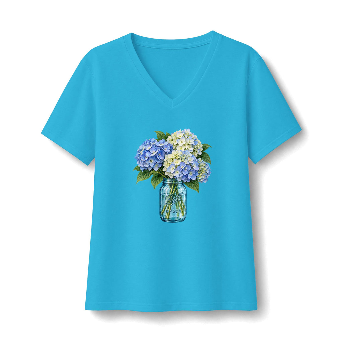 Blue Ball Jar with Hydrangeas V-Neck Tee